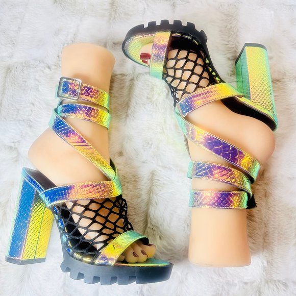 Cape Robbin Sexy Mermaid Hologram Chunky Heel Platform Sandals - Picture 9 of 9